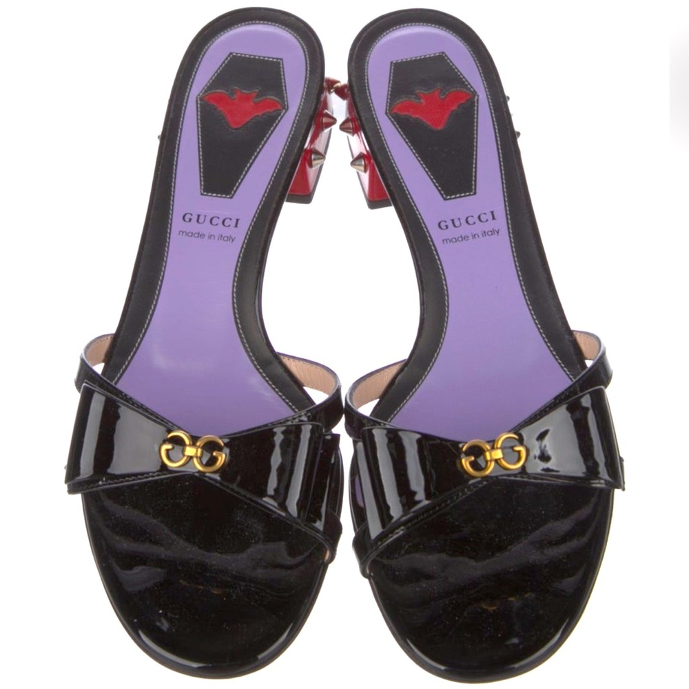 Gucci Sadie Spike Low Heel Slide Patent Leather Black 38.5 (8.5)